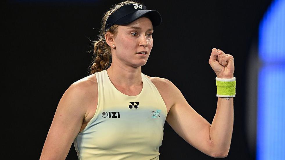 Elena Rybakina celebrates her victory over Jessica Pegula