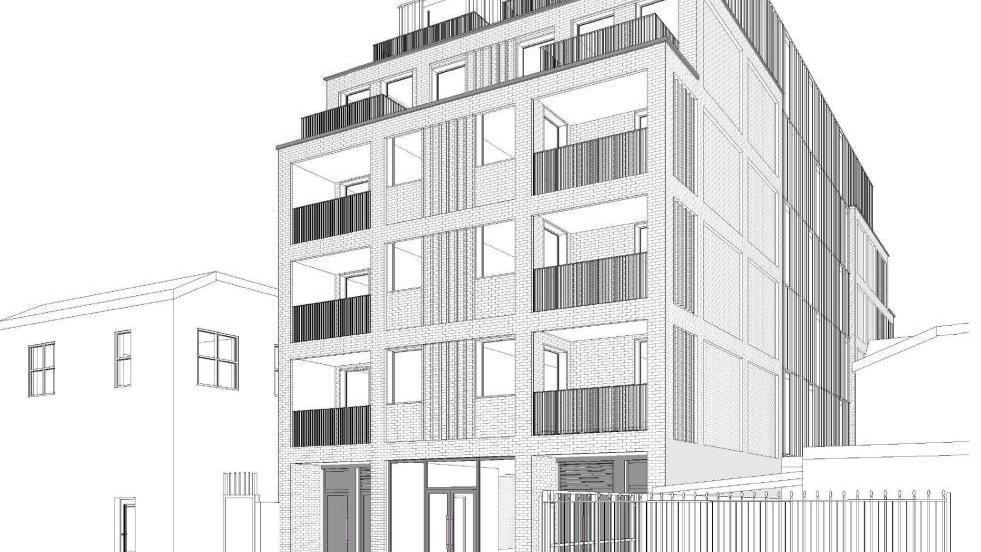 A computerised sketch of the plans in black & white showing a brick building with flats that would have covered balconies. Modern in design.