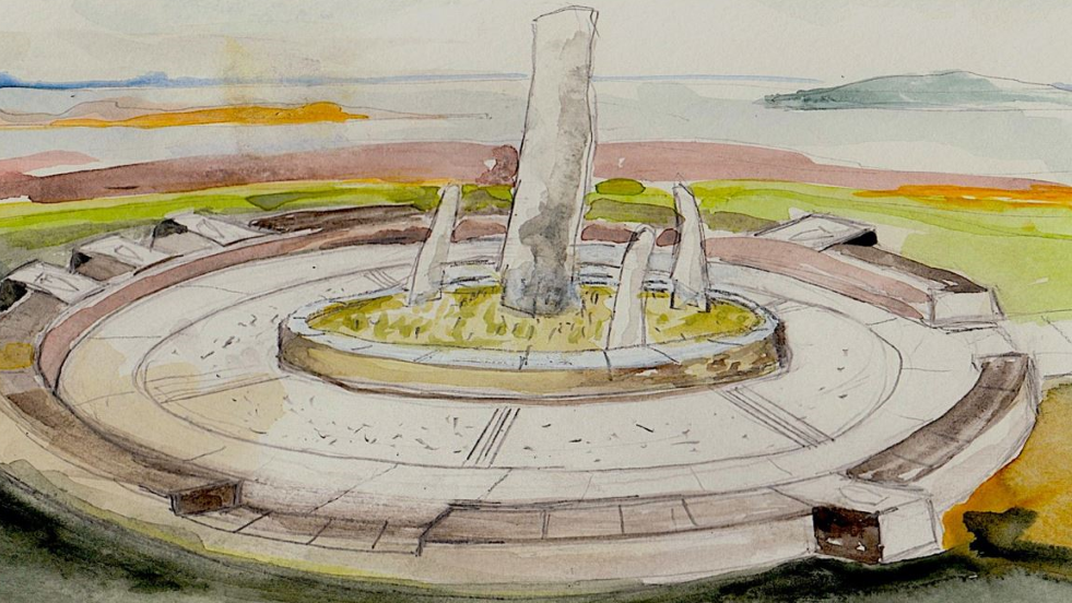 Illustration of the proposed art installation. There is a standing stone in the centre surrounded by three more stones and enclosed by a large circle.