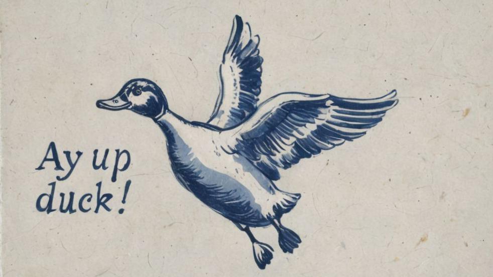 A tile in a Delftware style featuring a duck in flight along with the phrase 'Ay up duck'