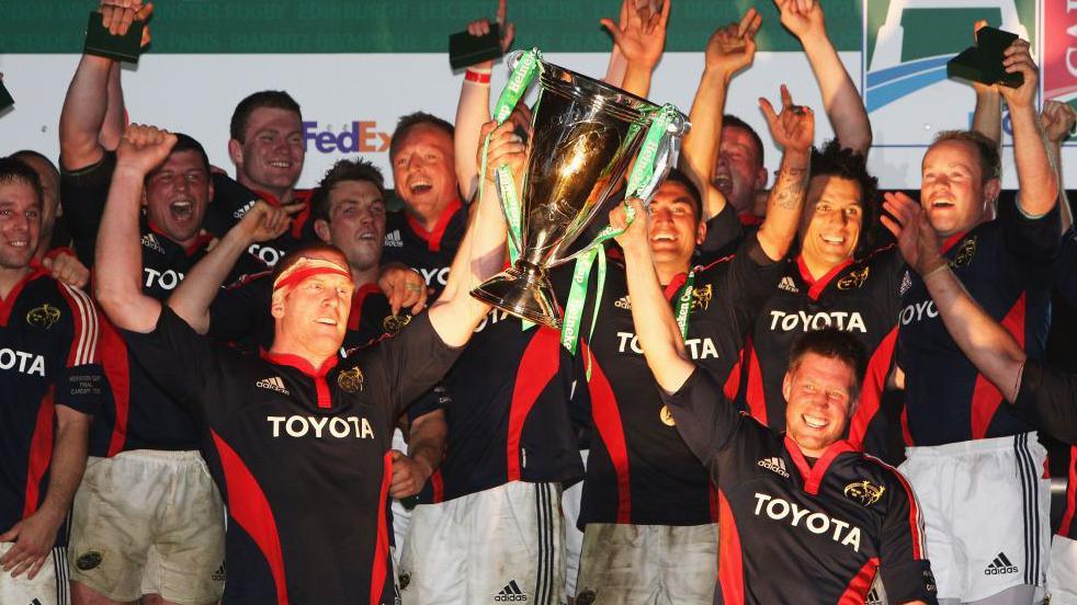 Ronan O'Gara and Paul O'Connell lift the Champions Cup[