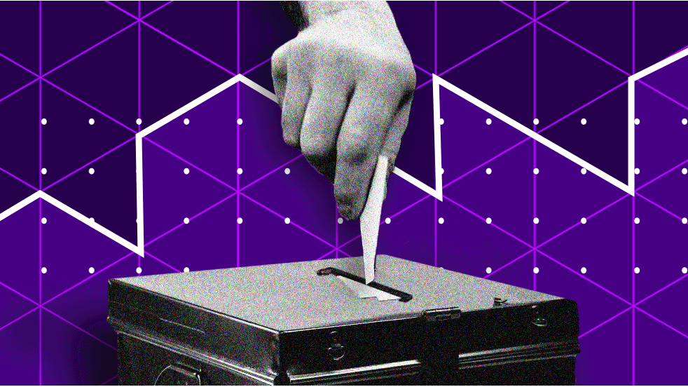 BBC general election poll tracker image shows a hand with a ballot paper putting it in a ballot box with a chart of poll results behind