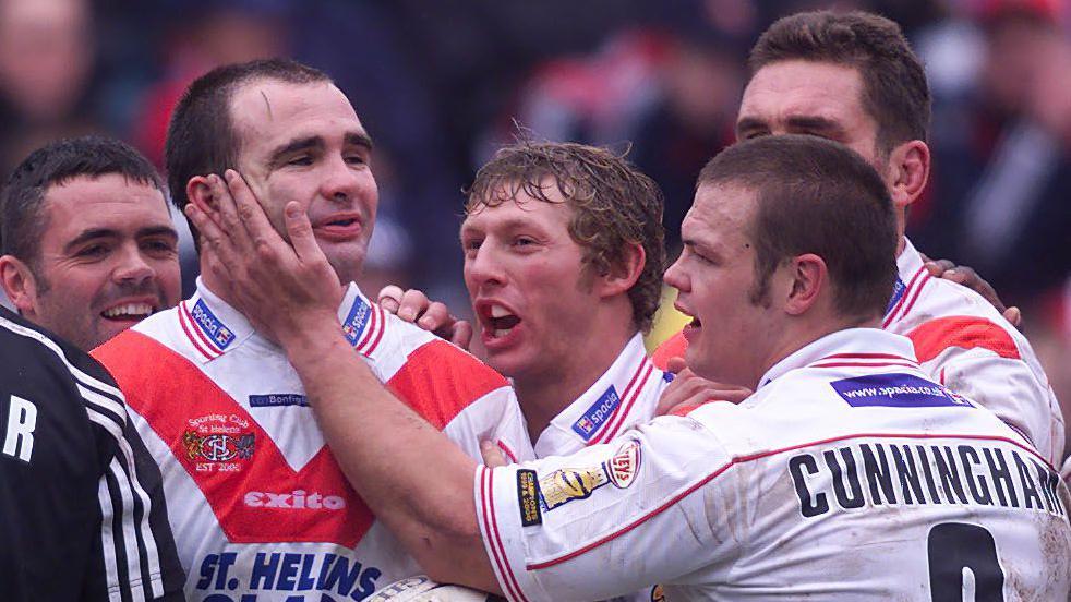St Helens celebrate with Chris Joynt (left)