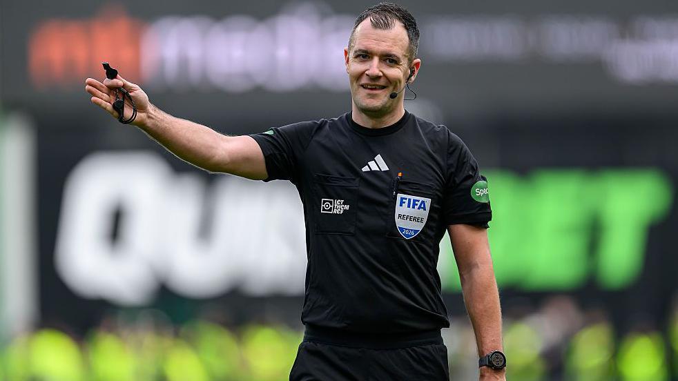 Referee Don Robertson awards a free-kick during the Scottish Premiership match between Hibernian and Heart of Midlothian
