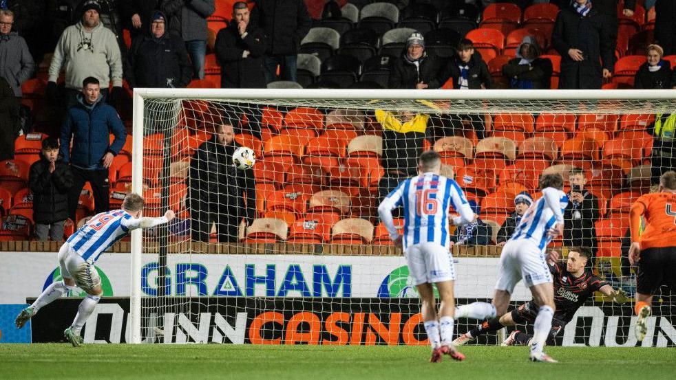 Bruce Anderson scores a penalty for Kilmarnock against Dundee United