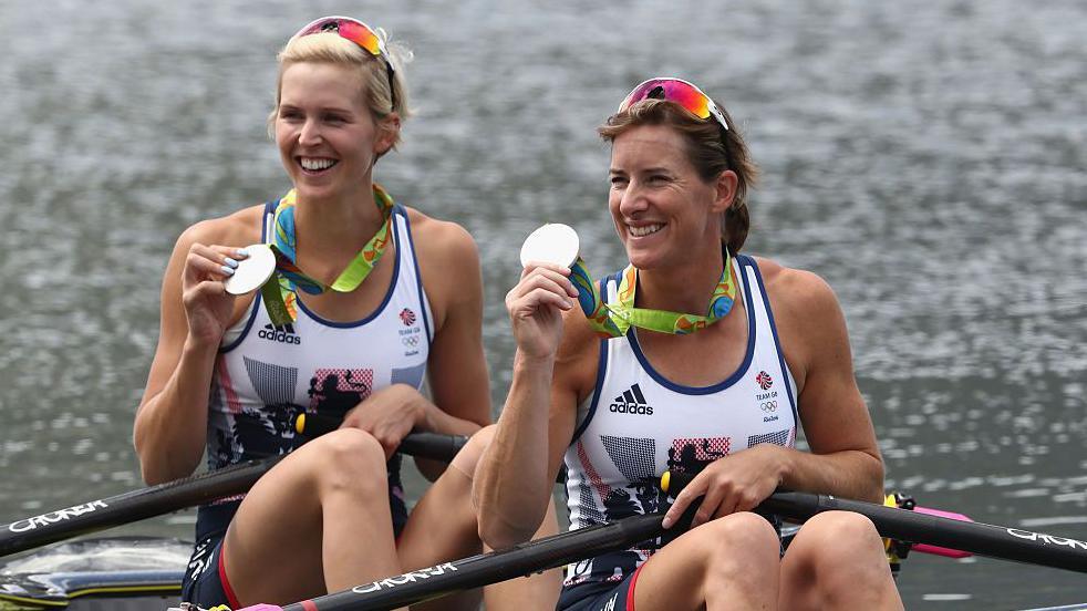 Victoria Thornley (L) and Katherine Grainger of Great Britain pose with their silver medals 
