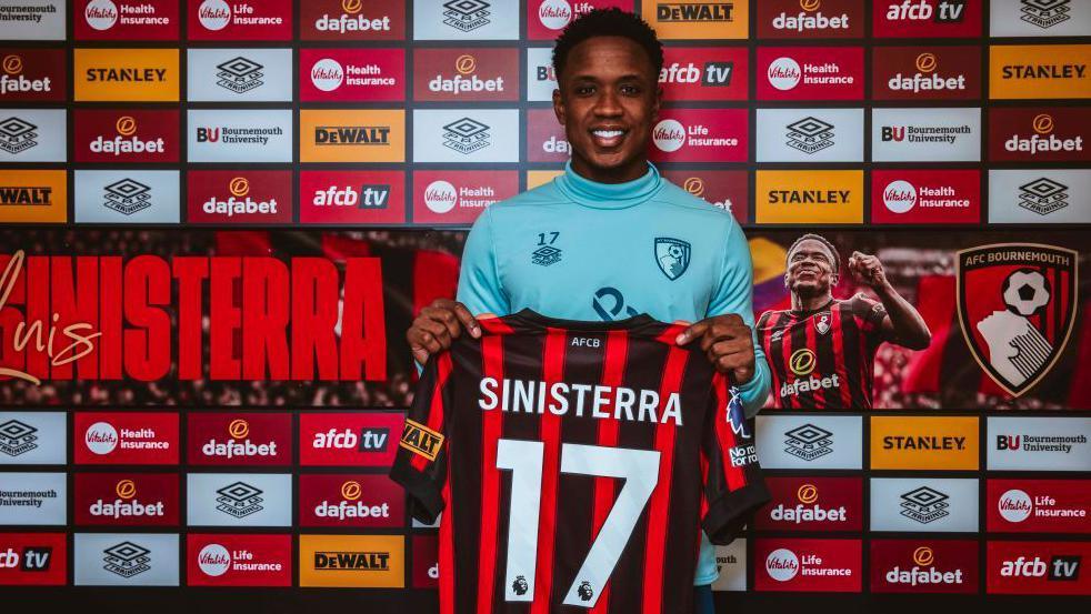 Luis Sinisterra holding a Bournemouth shirt