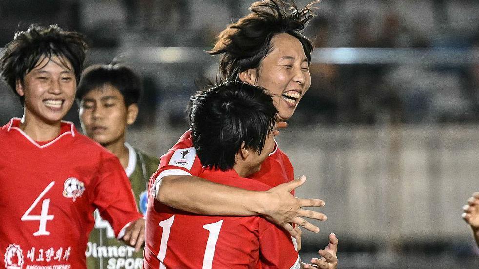 Ri Kum-Hyang of Naegohyang Women's FC celebrates with team-mates after scoring a goal during the AFC Women's Champions League match between Naegohyang and ISPE 