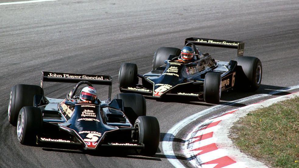 Mario Andretti leads Lotus team-mate Ronnie Peterson during the 1978 Dutch Grand Prix