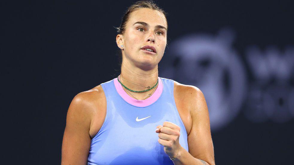 Aryna Sabalenka of Belarus celebrates a point in her quarter-final match against Marie Bouzkova of the Czech Republic at the Brisbane International.