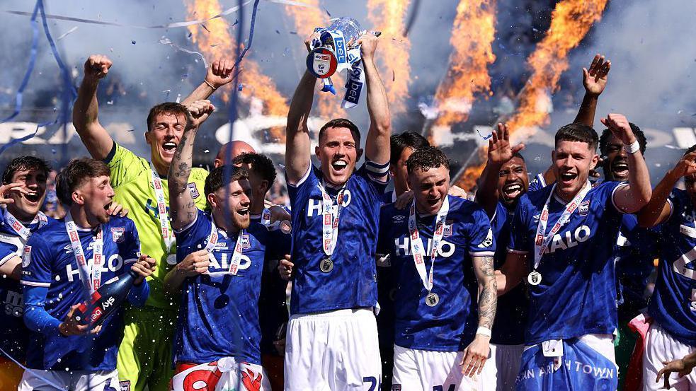 Ipswich Town players celebrate promotion