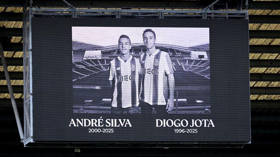The LED board shows a tribute to former football player Diogo Jota and his brother Andre Silva who passed away on the 3rd of July 2025 