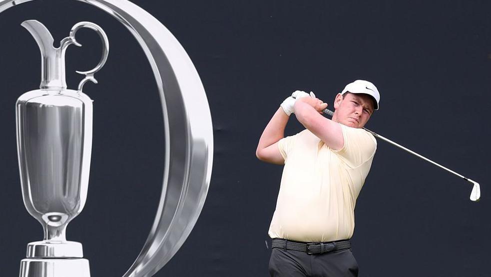 Bob MacIntyre tees off on the first hole during a practice round at Royal Portrush