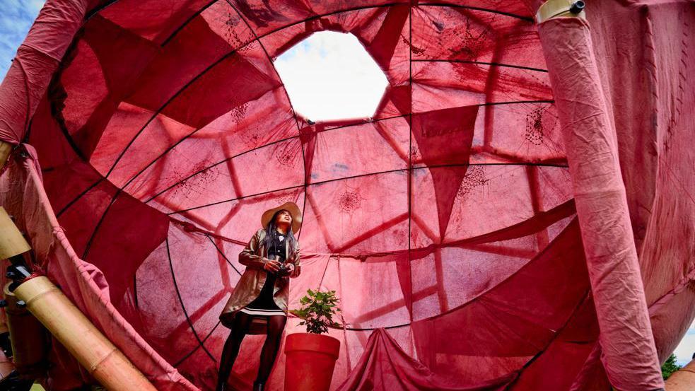 A woman wearing a hat stood inside a large red sculpture of a seed, infront of a plant, looking up at the top of the seed, where there is a hole showing the sky