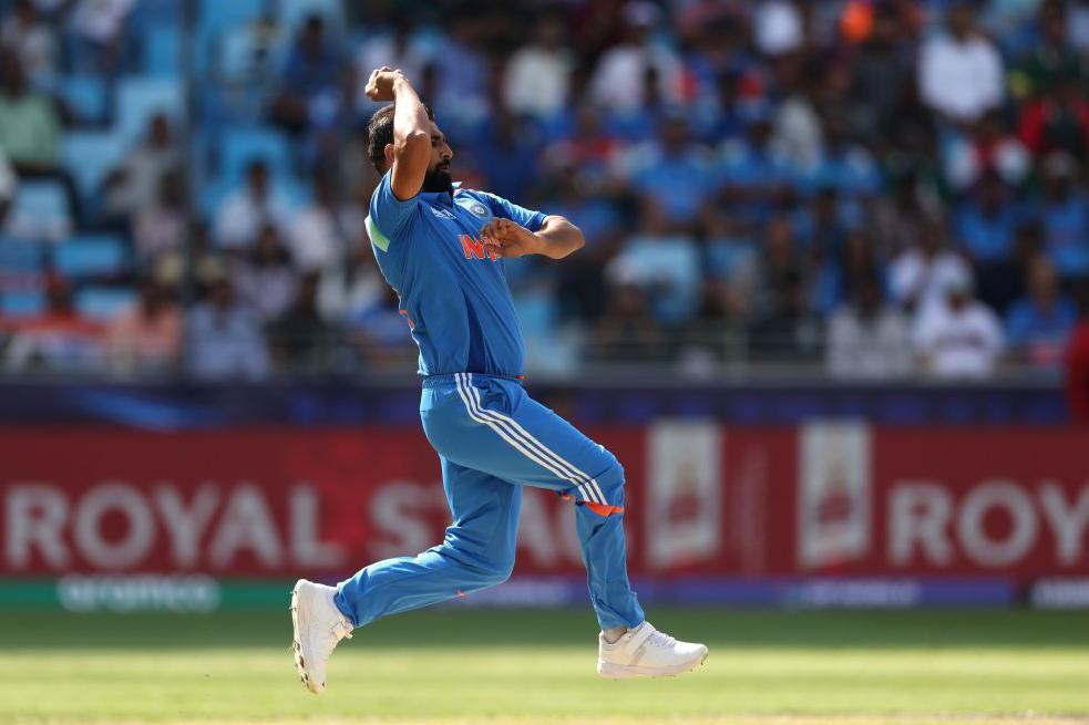 Mohammed Shami of India bowls during the ICC Champions Trophy 2025 match between Bangladesh and India at Dubai International Cricket Stadium on February 20, 2025 in Dubai, United Arab Emirates. 