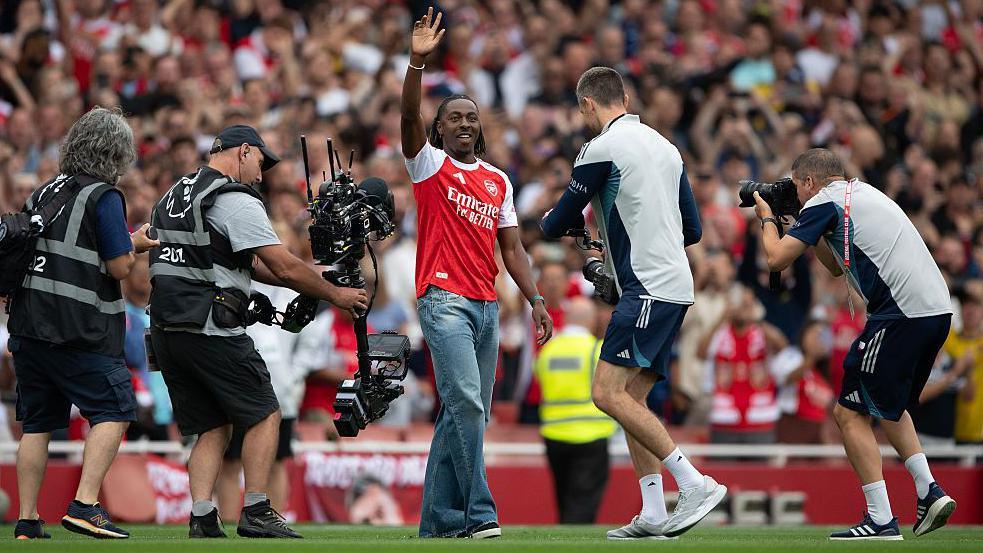 New Arsenal signing Eberechi Eze is introduced to the crowd prior to the Premier League match between Arsenal and Leeds United