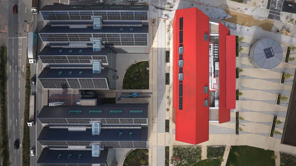 An aerial shot, looking down directly at the Red Hall.