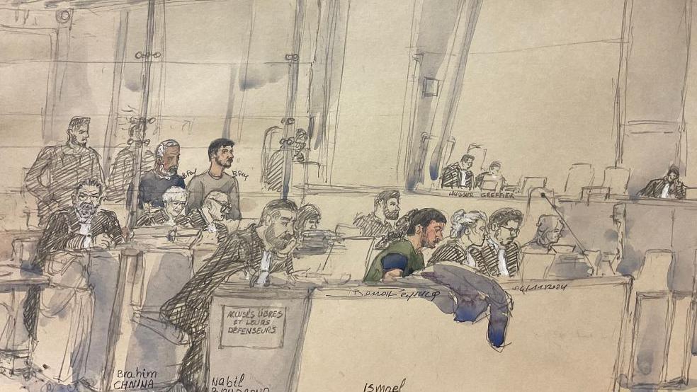 A court sketch shows (L-R) defendants Brahim Chnina, Nabil Boudaoud and Ismael Gamaev at their trial in Paris