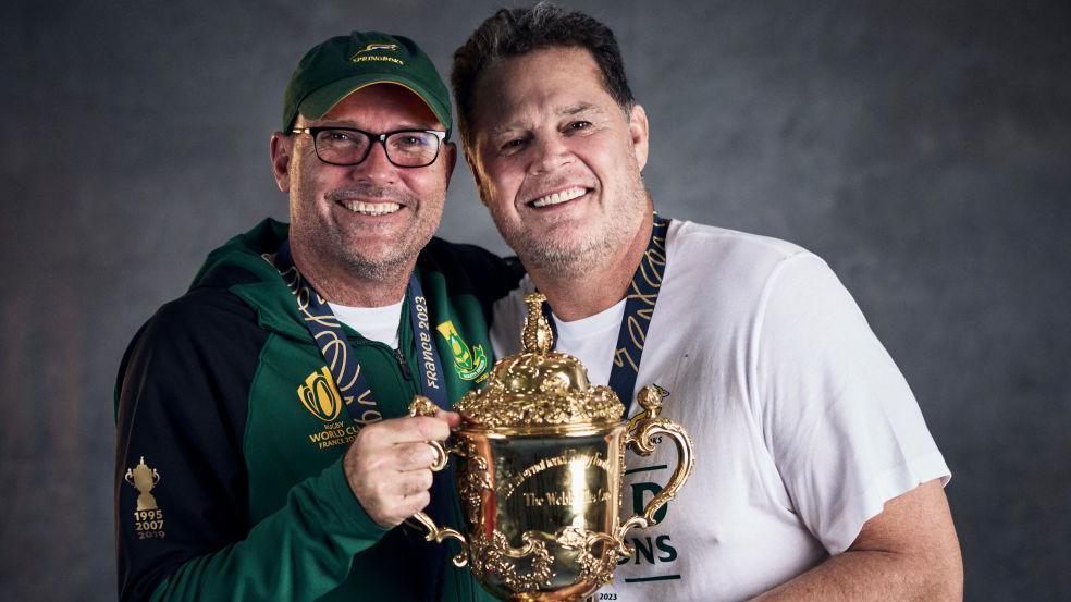 Rassie Erasmus and Jacques Nienaber hold the World Cup