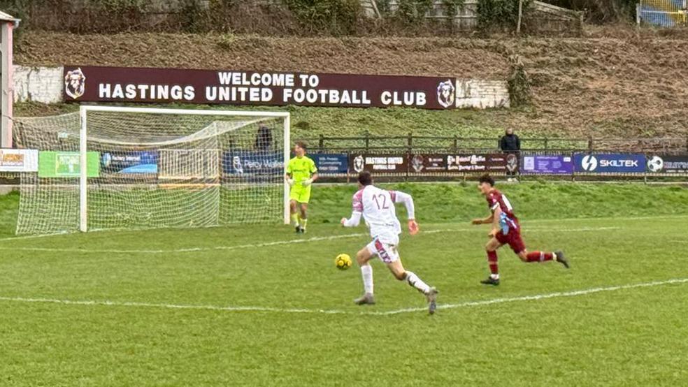 Action from Hastings United v Jersey Bulls