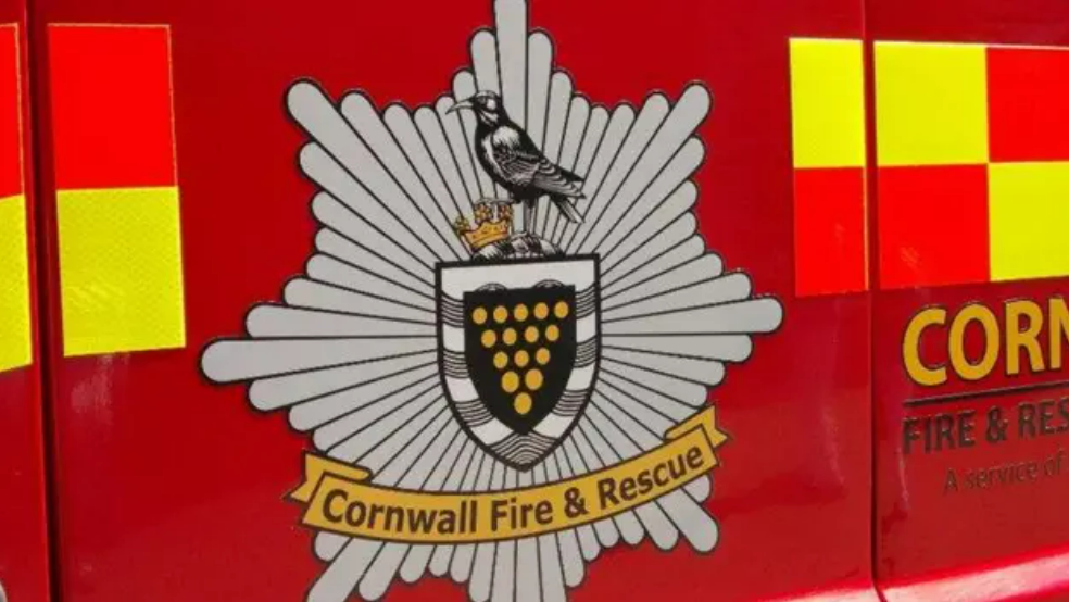 A close-up of the side of a Cornwall Fire and Rescue fire engine. It is red with yellow and red squares. At the centre is the fire service's logo which is grey, has the Cornish badge with a crown and bird on top. Below is a yellow badge with the words "Cornwall Fire & Rescue".