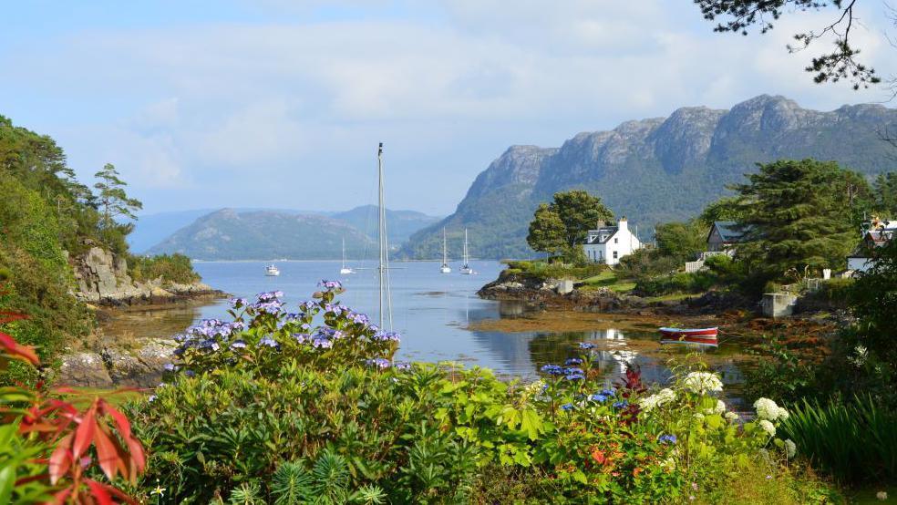 House, yachts in the bay and flowering plants in the foreground in Plockton