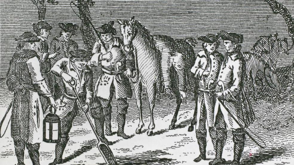 A sketch depicting an incident in 1748 a man digging a hole to bury another man, who is lying across a horse's back, alive. There is also several men armed with swords and holding oil lamps watching the incident.