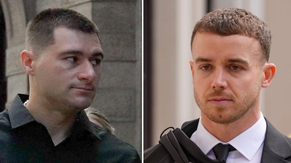 Artur Sevash-Zade (L) in a black shirt and Lewis Peter Carr (R) in a suit and tie arriving at Jersey Royal Court for L'Ecume II Trial - split pic
