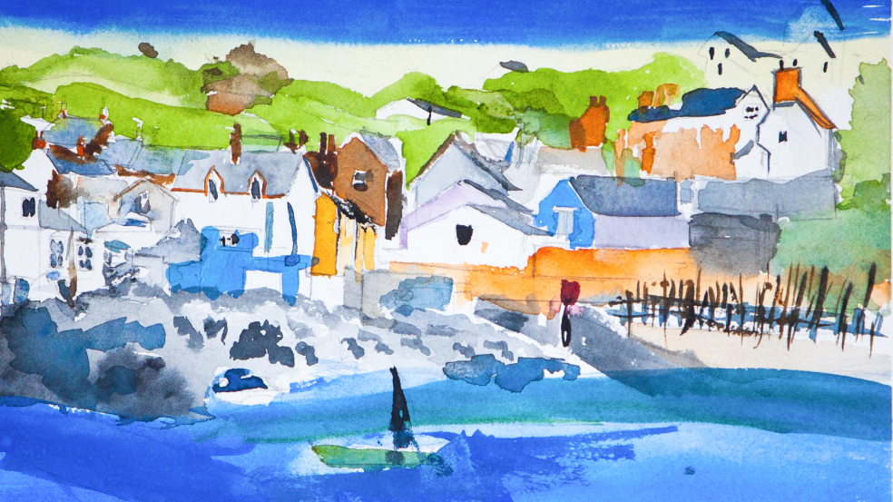 Image of Kevin's watercolour work - the painting is of a bay with white houses and green fields behind them