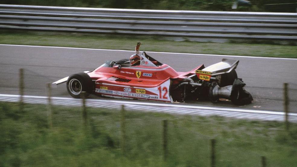Gilles Villeneuve's Ferrari on three wheels during the 1979 Dutch Grand Prix