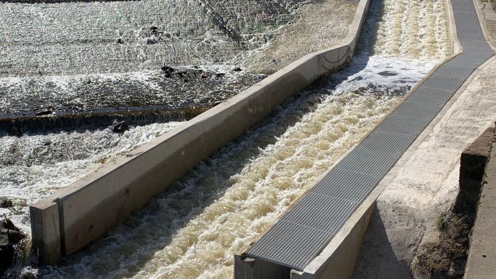 A concrete fish pass runs alongside a weir, designed to enable fish to navigate the weir.