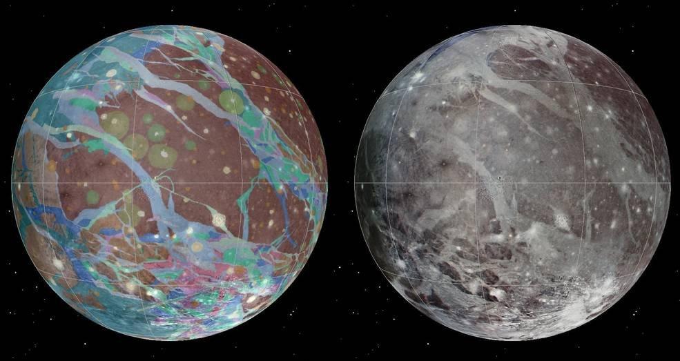 The mosaic and geologic maps of Jupiter's moon Ganymede were assembled incorporating the best available imagery from NASA's Voyager 1 and 2 spacecraft and NASA's Galileo spacecraft.