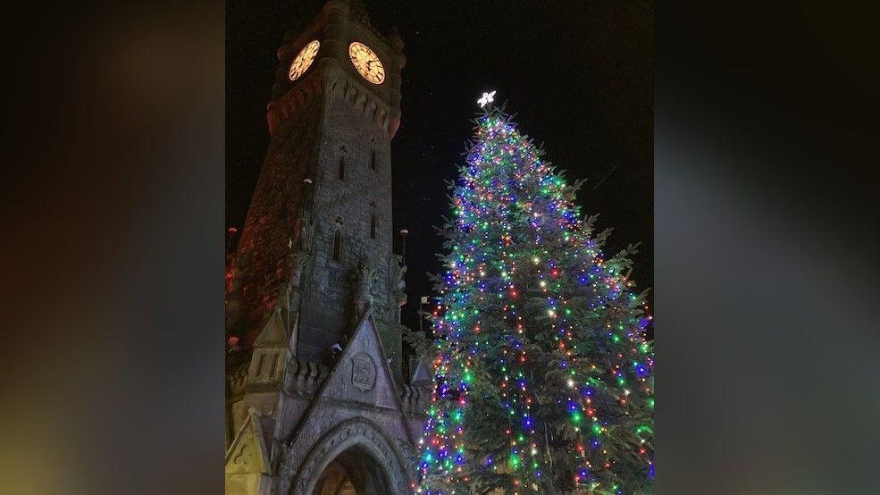 Llun o goeden Nadolig mawr o flaen cloc mawr Machynlleth sydd ar ben tŵr.