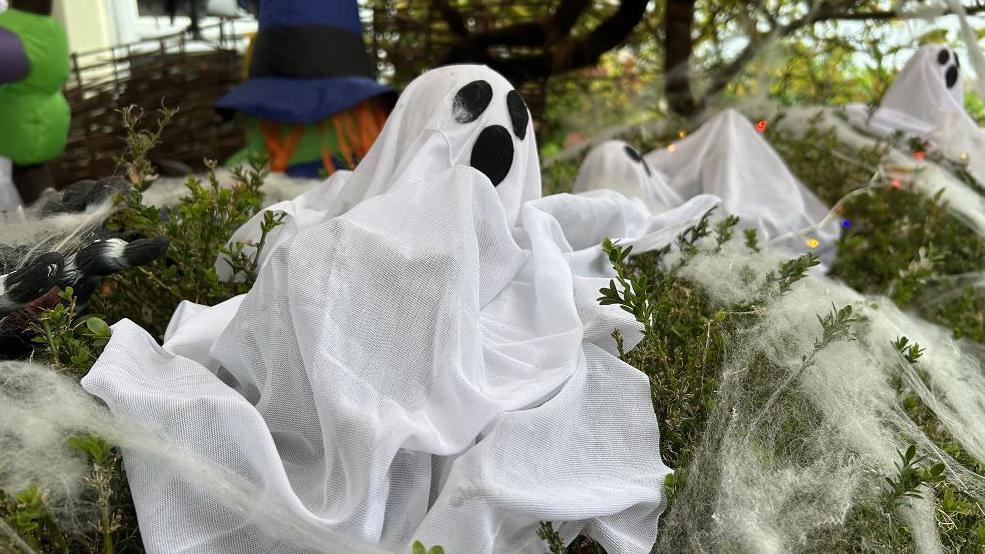 A spooky white ghost with large black eyes and mouth sat on a green hedge covered with white spider webs. 