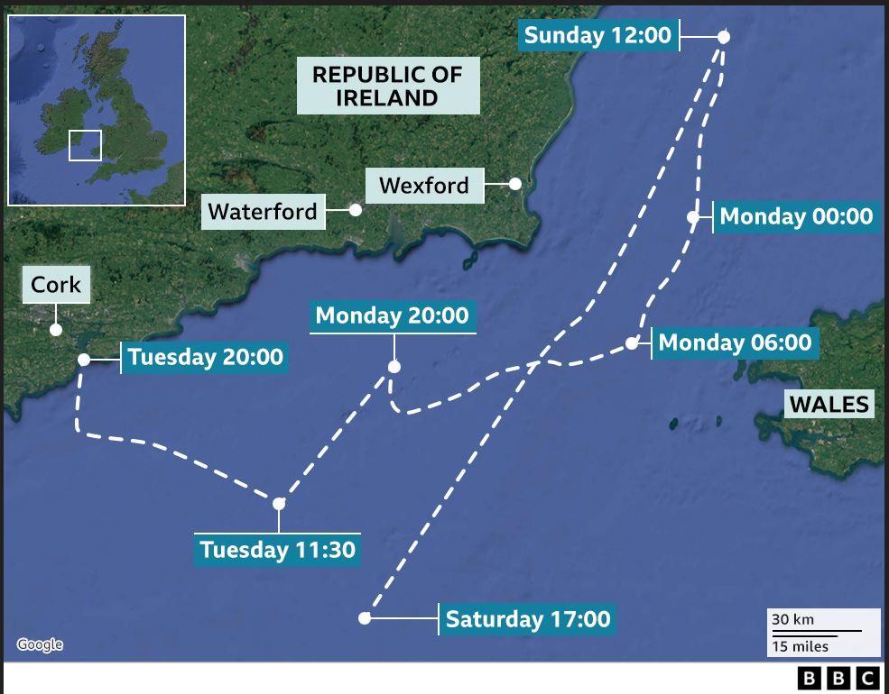 A graphic showing the ship's route between the Republic of Ireland and Wales