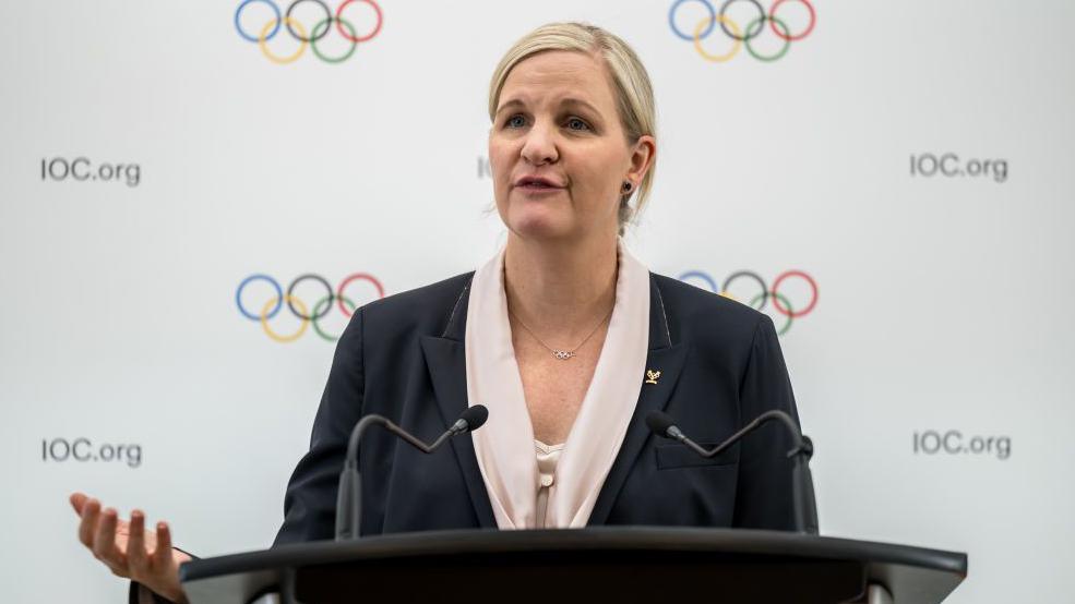 IOC president Kirsty Coventry giving a speech