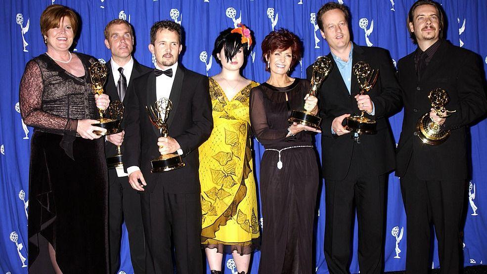 The cast and crew of MTV's The Osbournes pose with their Emmy awards in 2002