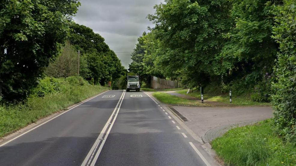 A google maps image of a main road with a junction to a school on the right and lots of green verges and trees either side 