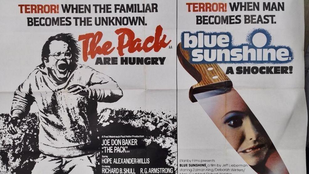 A composite image of film posters for The Pack and Blue Sunshine. The Pack film poster includes the words: "Terror! When the familiar becomes the unknown. The Pack are hungry." It includes a black and white sketch of a man running away and screaming. The Blue Sunshine poster includes the words: "Terror! When man becomes beast. Blue Sunshine. A shocker". It features a knife with a woman's face in the blade. 