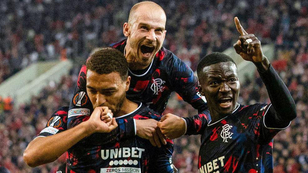 Rangers' Cyriel Dessers, Vaclav Cerny and Mohamed Diomande celebrate