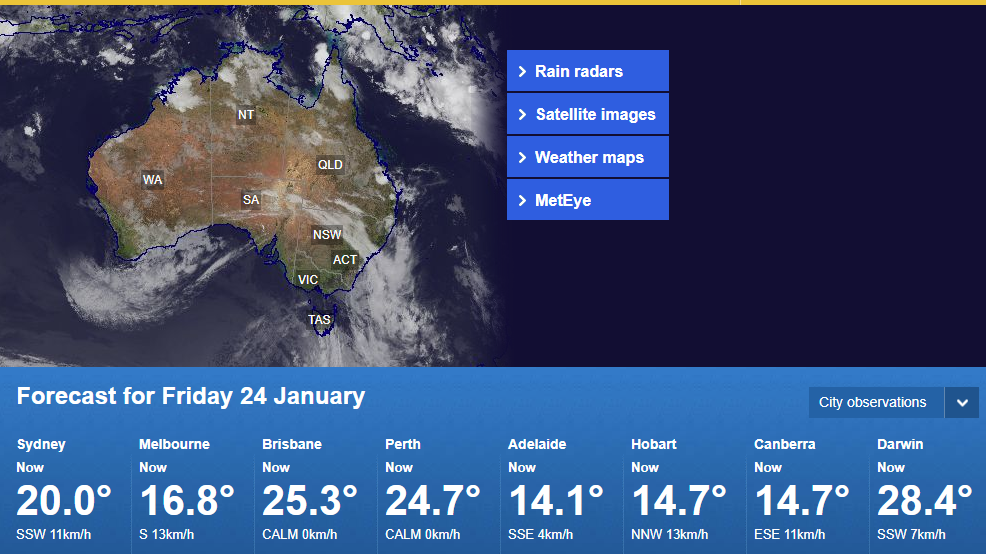 Landing page of the old Bureau of Meteorology site showing a weather radar over Australia and the forecast for all capital cities