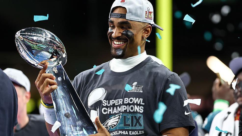 Jalen Hurts with with the Vince Lombardi Trophy after the Philadelphia Eagles beat the Kansas City Chiefs in the 2025 Super Bowl