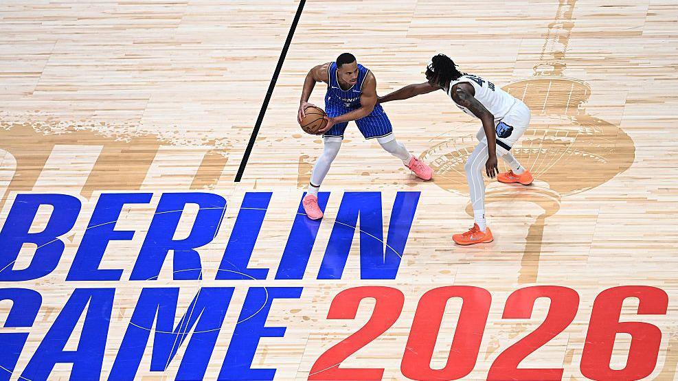 Desmond Bane of the Orlando Magic handles the ball during the game against the Memphis Grizzlies as part of the 2026 NBA Berlin Game