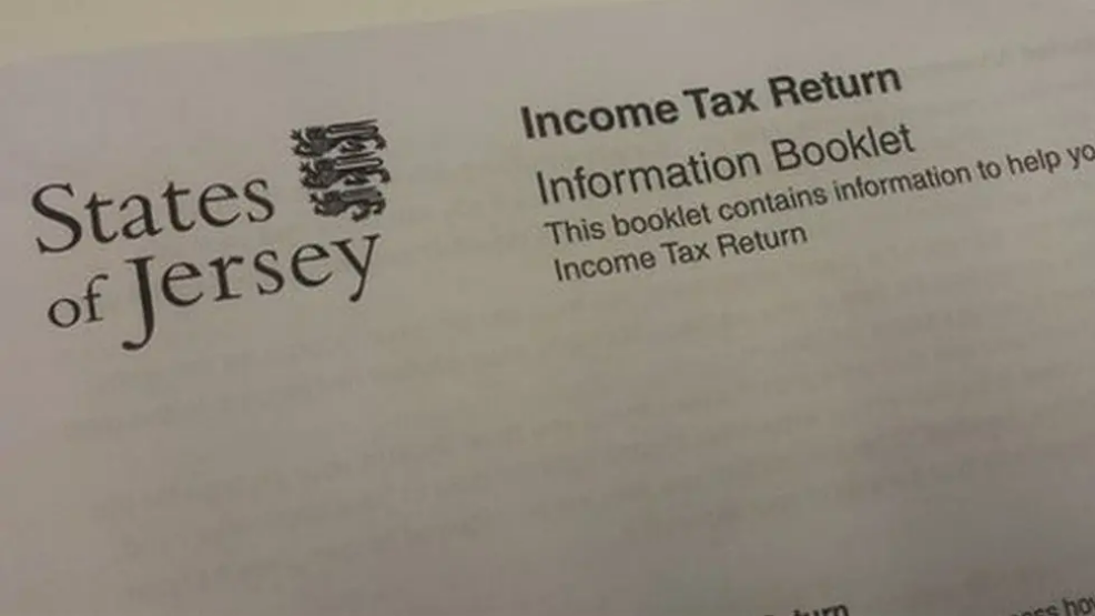 A letter with the words 'States of Jersey' on the left with a badge next to it. On the right has the words 'Income Tax Return' with 'Information Booklet' below it and 'This booklet contains information to help you'. Below that are the words 'Income Tax Return'.