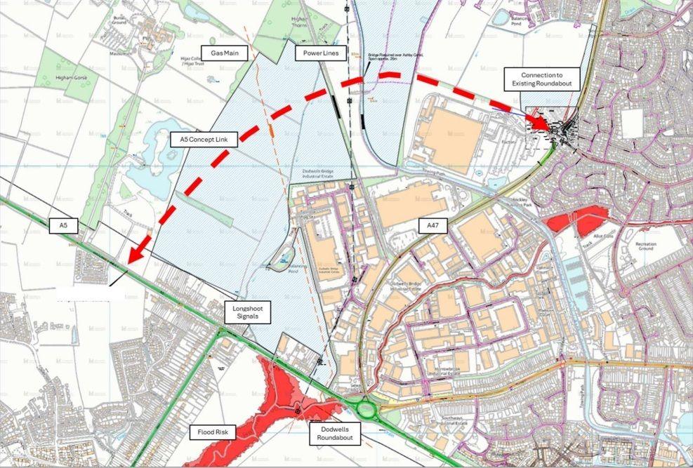 A red line shows the indicative route of a road around the west of Hinckley