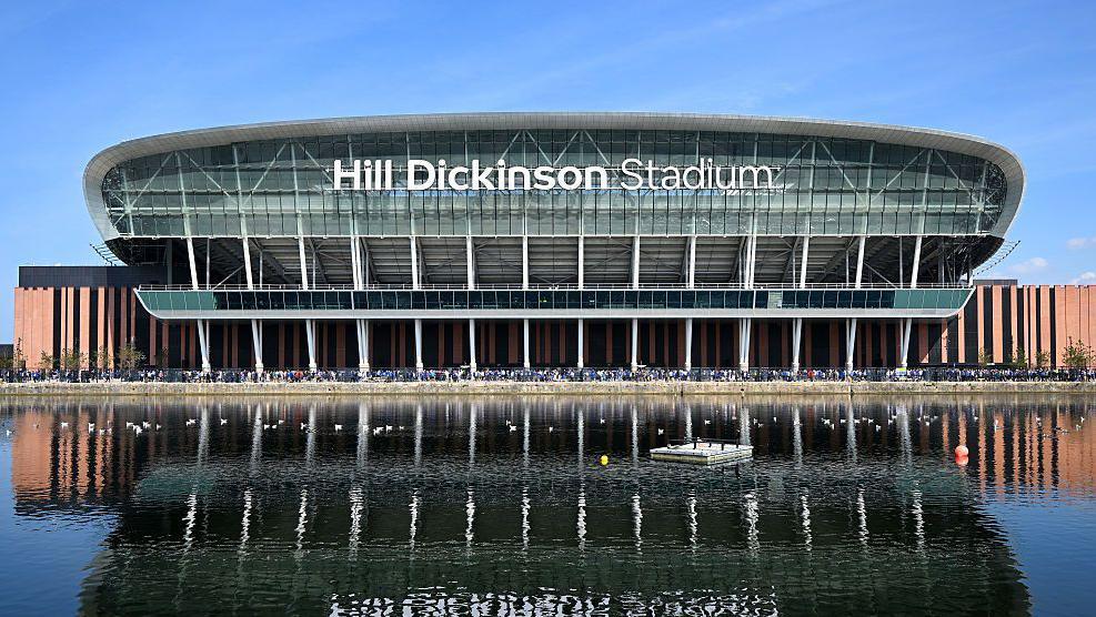 Everton's gleaming new Hill Dickinson Stadium, by the Bramley-Moore Dock waterfront, which awaits League One Mansfield tonight