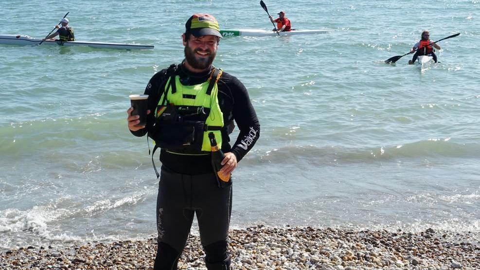 Mike Lambert on shore after completing his challenge