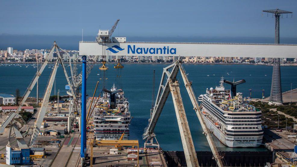 Gantry cranes at the Navantia SA shipyard in Cadiz, Spain, on Tuesday, Sept. 28, 2021.