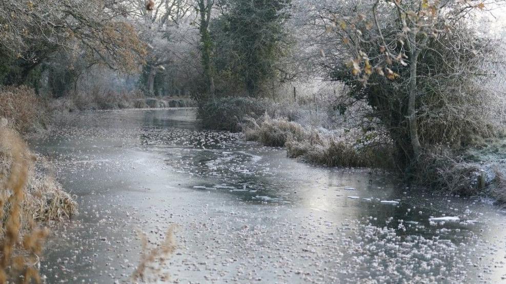 A layer of ice on the Basingstoke Canal near Dogmersfield in Hampshire