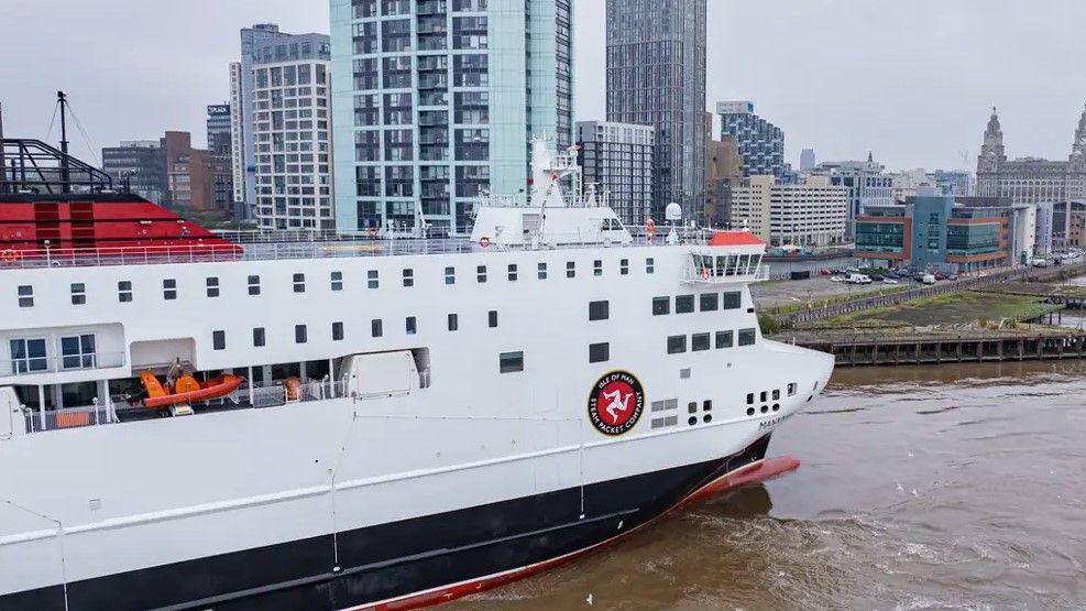 The Manxman ferry, which is in the Steam Packet Company's colours of white, red and black, at the area of the Liverpool port.